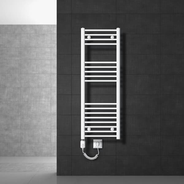 Lämmitetty pyyhe jäähdytin lämmityselementtiä 900 W: n ECD Germany Malli Saharan 400 x 1200 mm valkoinen suoran kyljen yhteys pyyheteline