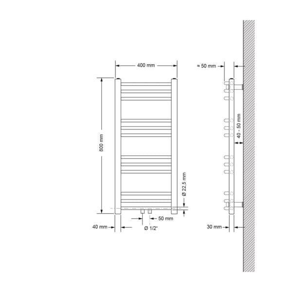 Håndklæde inkluderet med basishavnen tilslutning kit. Termostat i krom ECD Germany Model Sahara 400 x 800 mm antracit bøjet med medium forbindelse