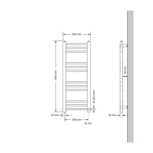 Opvarmet håndklæde radiator med opvarmning element 300 W ECD Germany Model Sahara 300 x 800 mm hvid lige sidetilslutning håndklædeholder