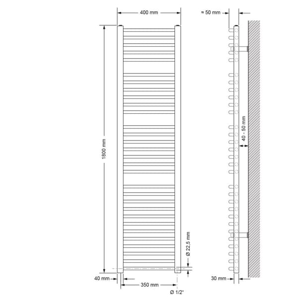 Handduk radiator med värmeelement 900 W ECD Germany modell Sahara 400 x 1800 mm vit böjd sidoport handdukshållare
