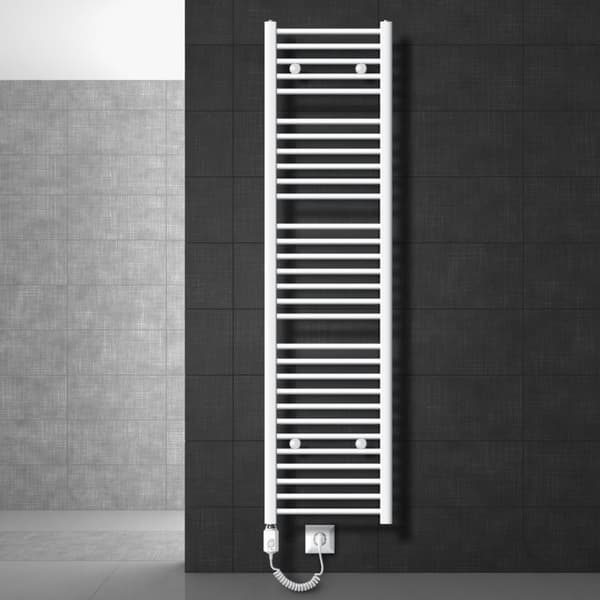 Handduk radiator med värmeelement 900 W ECD Germany modell Sahara 400 x 1800 mm vit böjd sidoport handdukshållare