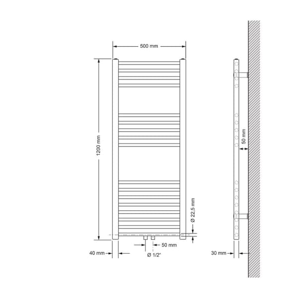 Pyyhe mukana kotisatama liitäntäsarjan. Termostaatti kromi ECD Germany Malli Sahara 500 x 1200 mm suora antrasiitti Keski yhteys pyyheteline
