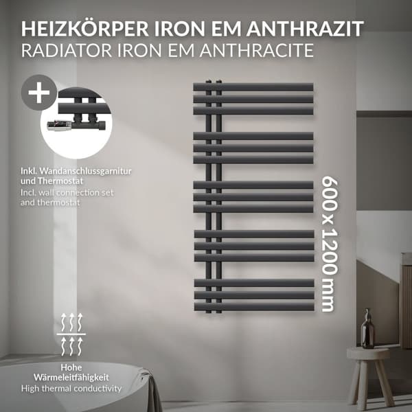 ECD Germany Suunnittelu Pyyhe Iron EM - 600 x 1200 mm - antrasiitti - jäähdyttimen pyyhkeenlämmitin Pyyhe Eck