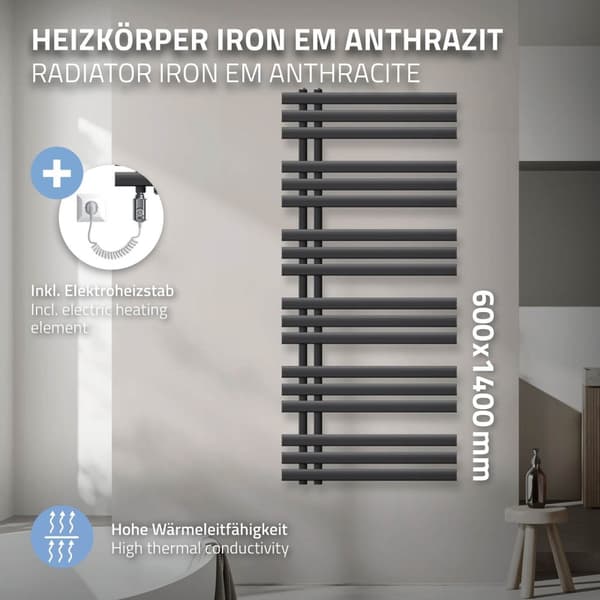 600X1400 mm Iron M Design radiator Håndklæderadiatorer Anthracite 1200W