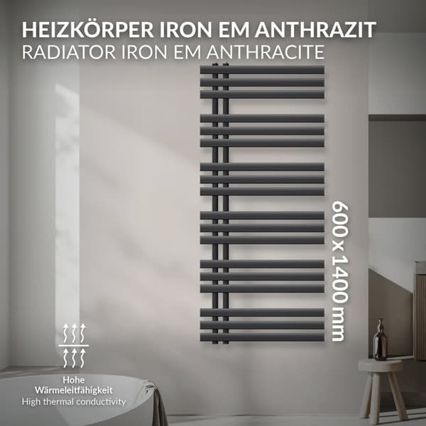 Jern M Design Håndklæde radiator Opvarmet håndklæde 600x 1400 mm Anthracite