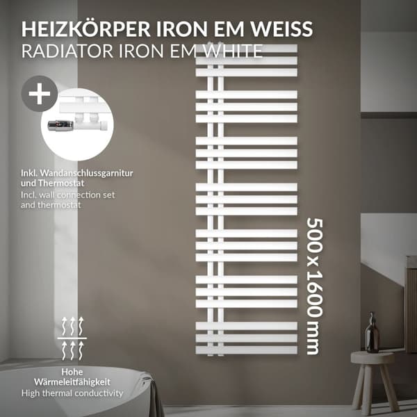 ECD Germany Design Håndklæde Iron EM - 500 x 1600 mm - Hvid - radiator håndklædevarmer Håndklæde Eck