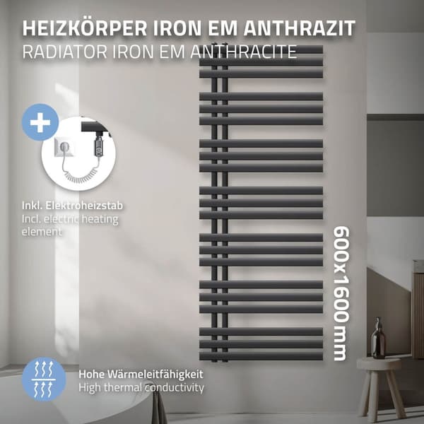 Anthracite Jern 1200W M Design radiator håndklæde radiator Electric 600X1600 mm