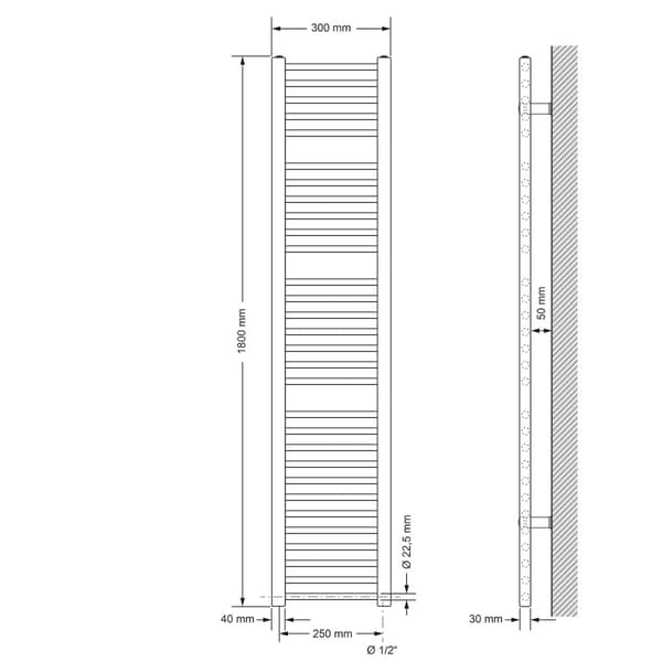 Handduks radiator med värmeelement 900 W ECD Germany Modell Sahara 300 x 1800 mm vit raka sidoanslutning handdukshängare