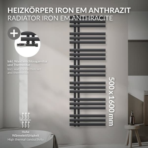 ECD Germany Design Handduk Iron EM - 500 x 1600 mm - antracit - radiator handdukstork