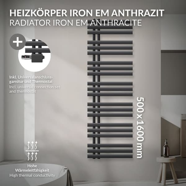ECD Germany Design Håndklæde Iron EM - 500 x 1600 mm - antracit - radiator håndklædevarmer Håndklæde Universal