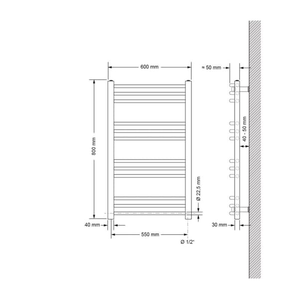 Jäähdyttimen Pyyhe ECD Germany Malli Sahara 600 x 800 mm valkoinen taivutetaan puoli yhteys pyyheteline