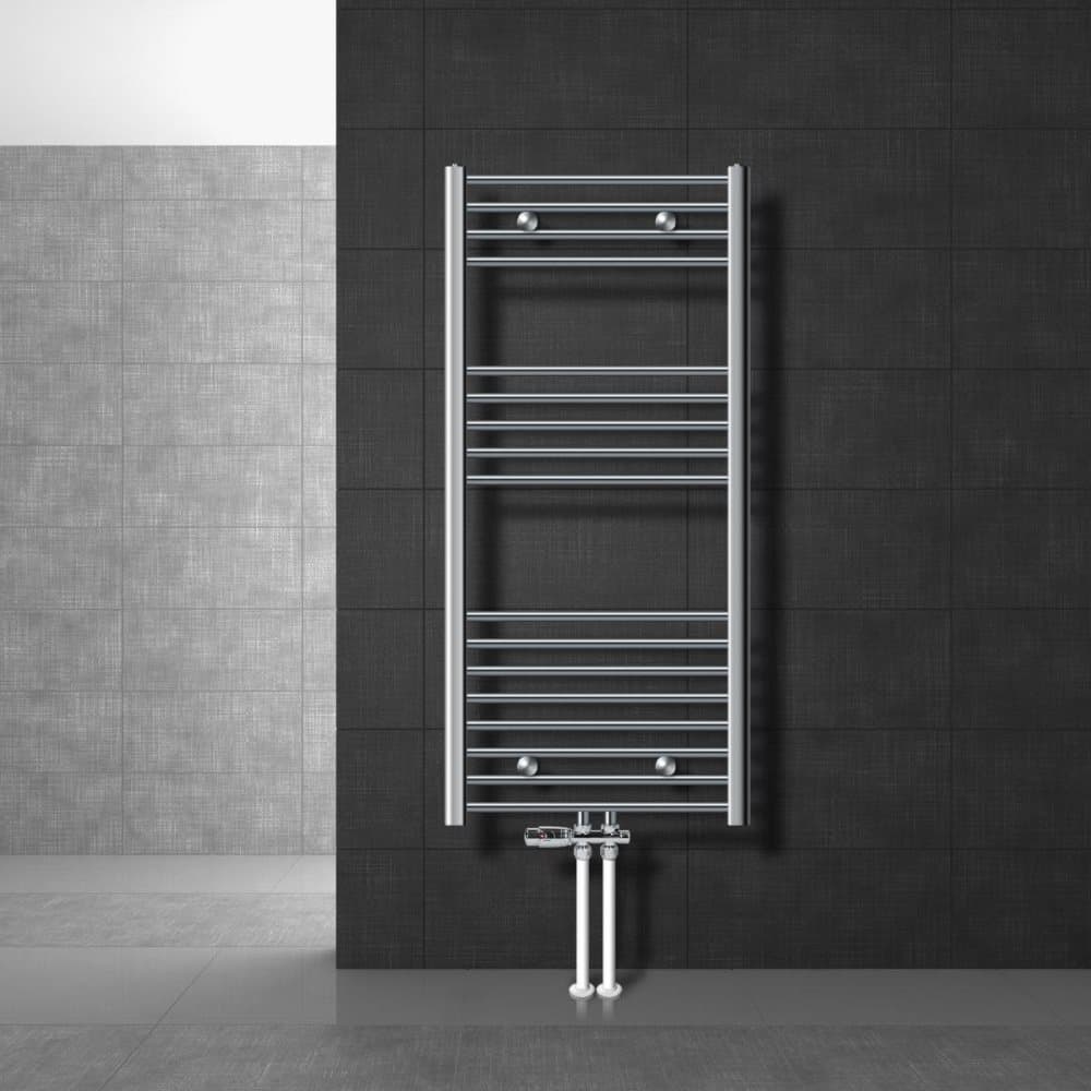 Badrums radiatorer med golvanslutning anslutningsuppsättning inkl. Termostat ECD Germany Modell Sahara 600 x 1200 mm krom böjd med medieanslutning