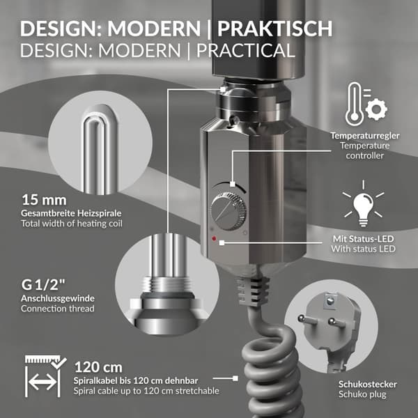 Lämmitetty pyyhe jäähdytin lämmityselementtiä 1200 W ECD Germany Malli Saharan 500 x 1500 mm, kromi taivutettu puolella yhteydessä pyyheteline