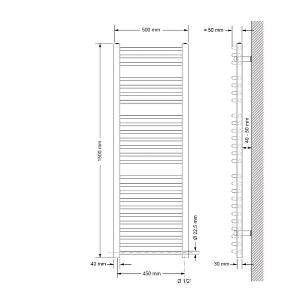 Lämmitetty pyyhe jäähdyttimen lämmityselementin 900 W: n ECD Germany Malli Sahara 500 x 1500 mm kromi taivutetut puolella yhteyden pyyheteline
