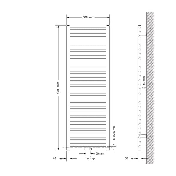 Håndklæde med vægtilslutning sæt inkl. Termostat ECD Germany Model Sahara 500 x 1500 mm krom lige med medium forbindelse håndklædeholder