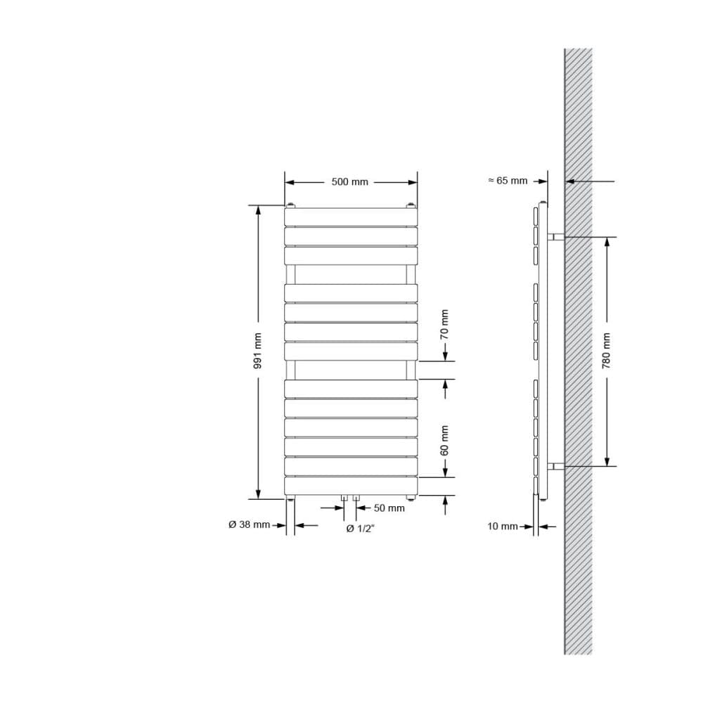 ECD Germany Håndklædekøler Dampkonstruktion med central tilslutning - 500 x 991 mm - Hvid - Enkeltlag - Flad - Lodret - Håndklædevarmere