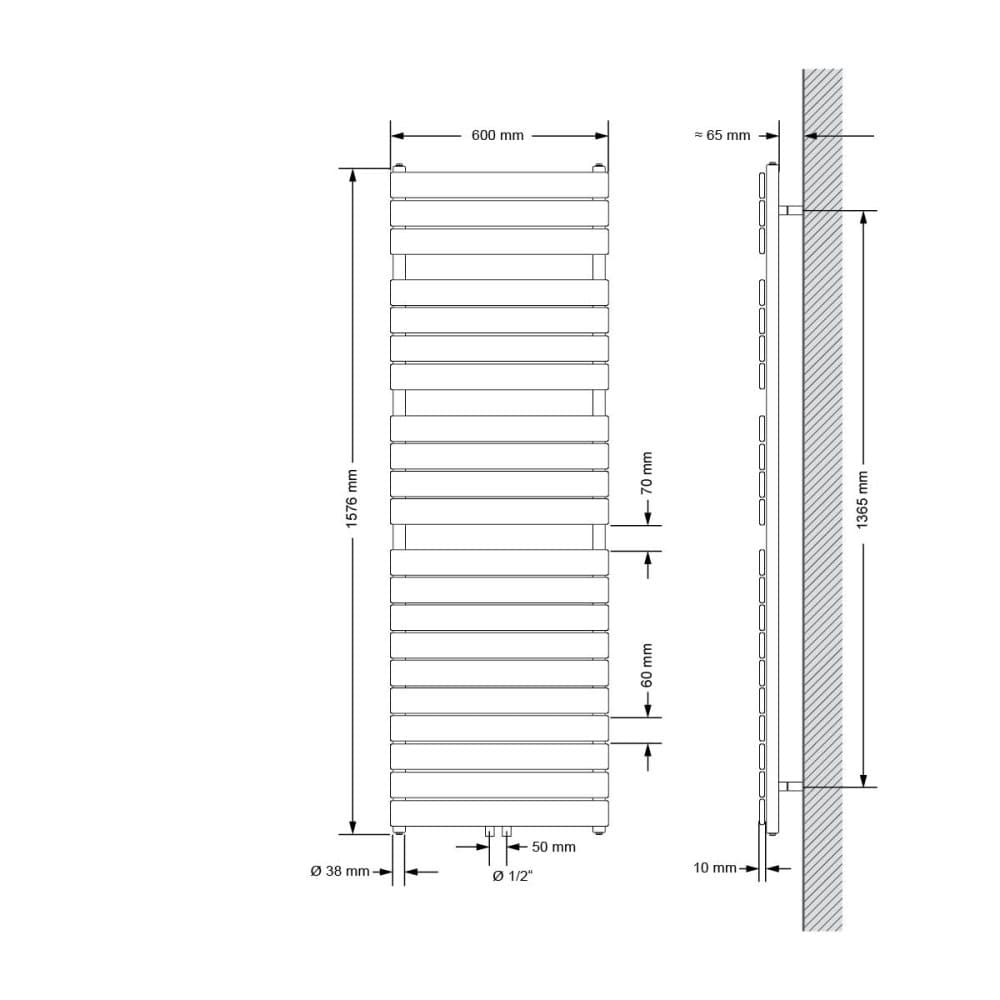 ECD Germany Håndklædekøler Dampkonstruktion radiator central tilslutning 600 x 1576 mm hvid inkl. Tilslutningssæt med termostat lige form hvid