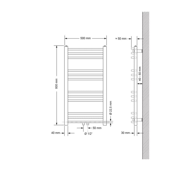 Jäähdyttimen Pyyhe ECD Germany Malli Sahara 500 x 800 mm kromi taivutettu keskipitkän yhteys pyyheteline