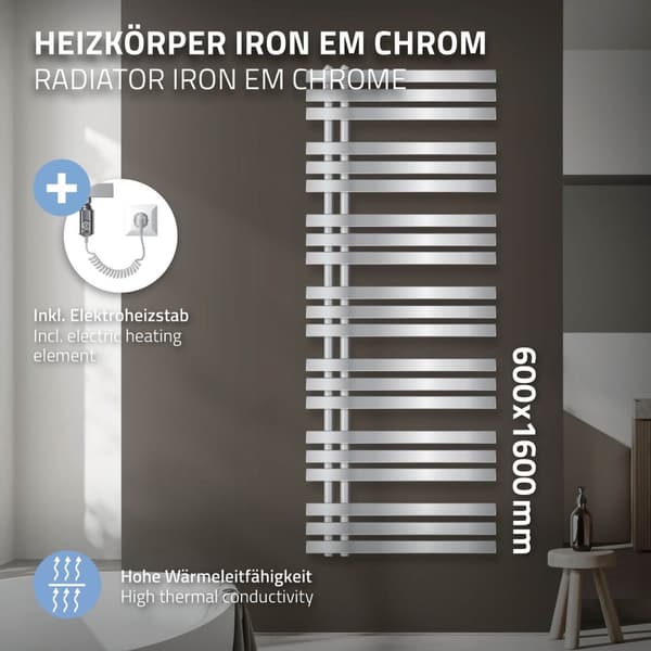 Badeværelsesradiator Jern EM med varmeelement 1200W 600x1600 mm Krom