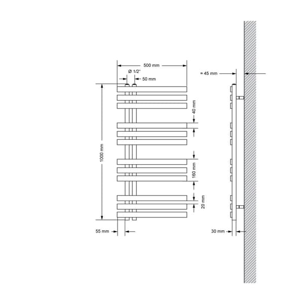500 x 1000 mm IRON EM DESIGN Patterilämmitys seinä SÄHKÖKYTKENTÄ CHROME 50mm 600W