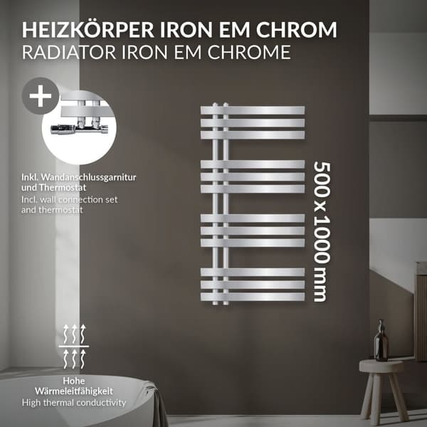 ECD Germany Suunnittelu Pyyhe Iron EM - 500 x 1000 mm - Kromi - jäähdyttimen pyyhkeenlämmitin Pyyhe Eck