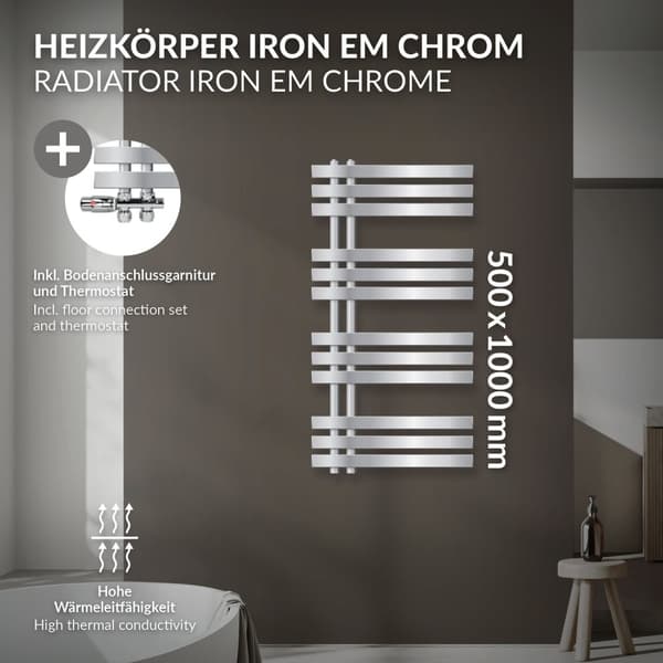 ECD Germany Suunnittelu Pyyhe Iron EM - 500 x 1000 mm - Kromi - jäähdyttimen pyyhkeenlämmitin Pyyhe Eck