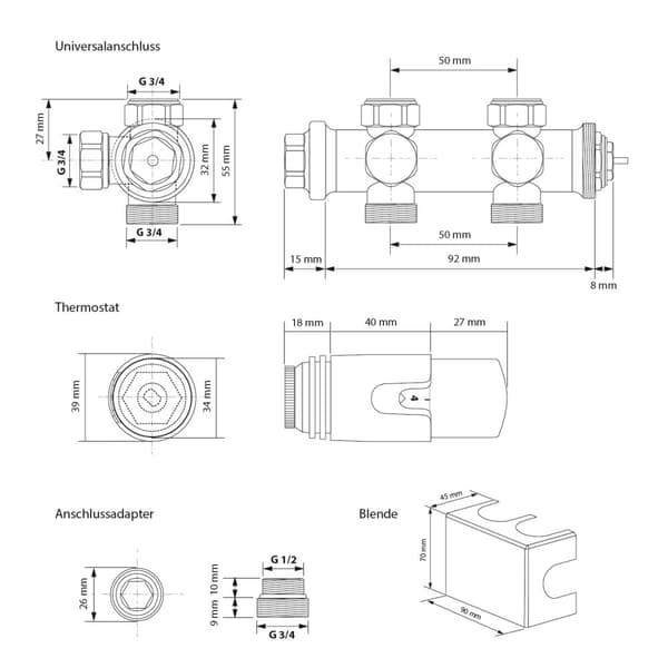 ECD Germany Stella Design Panelradiator med midtertilslutning 480x1600 mm Hvid med tilslutningssæt Termostat Universal Hjørne- og gennemgangsform