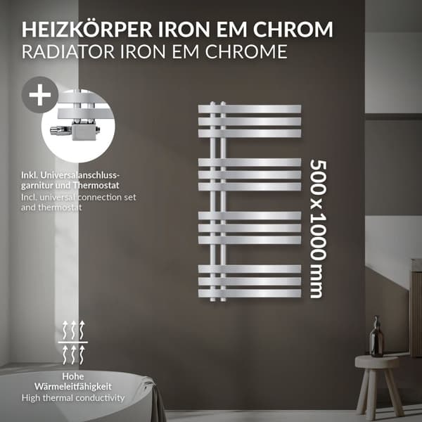ECD Germany Design Håndklæde Iron EM - 500 x 1000 mm - Chrome - radiator håndklædevarmer Håndklæde Universal