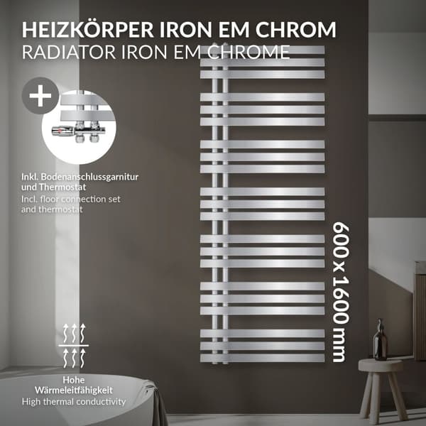 Badeværelsesradiator Iron EM 600x1600 mm Krom med gulvtilslutningssæt