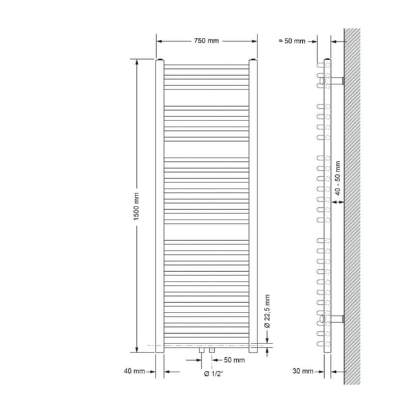 Badrumsradiator Sahara 750x1500 mm antracit böjd med centrumanslutning och vägganslutningssats
