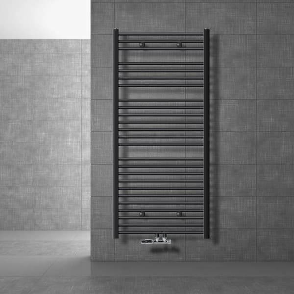 Kylpyhuonepatteri Sahara 750x1500 mm antrasiitti kaareva keskiliitäntä ja seinäliitäntäsarja