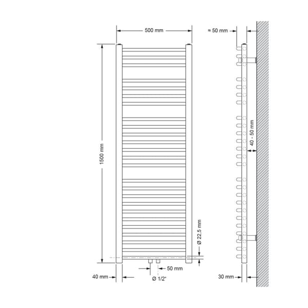 Radiator håndklæde ECD Germany Model Sahara 500 x 1500 mm antracit bøjet med medium forbindelse håndklædeholder