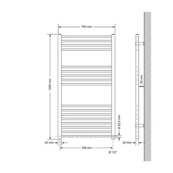Opvarmet håndklæde radiator med opvarmning element 900 W ECD Germany Model Sahara 750 x 1200 mm lige antracit sidetilslutning håndklædeholder