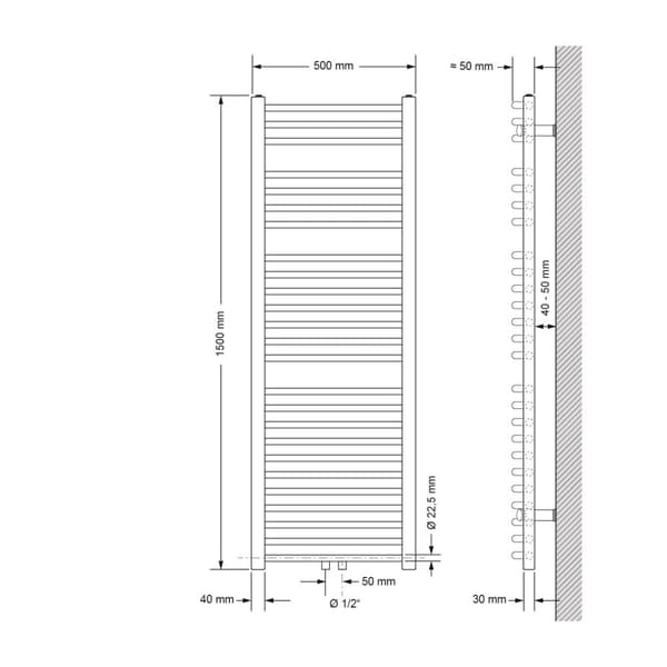 Handduk ingår med bas port anslutningssats. Termostat i krom ECD Germany Modell Sahara 500 x 1500 mm antracit böjd med medieanslutning handdukshängare