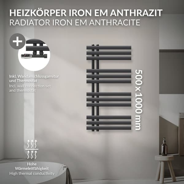 ECD Germany Suunnittelu Pyyhe Iron EM - 500 x 1000 mm - antrasiitti - jäähdyttimen pyyhkeenlämmitin Pyyhe Eck