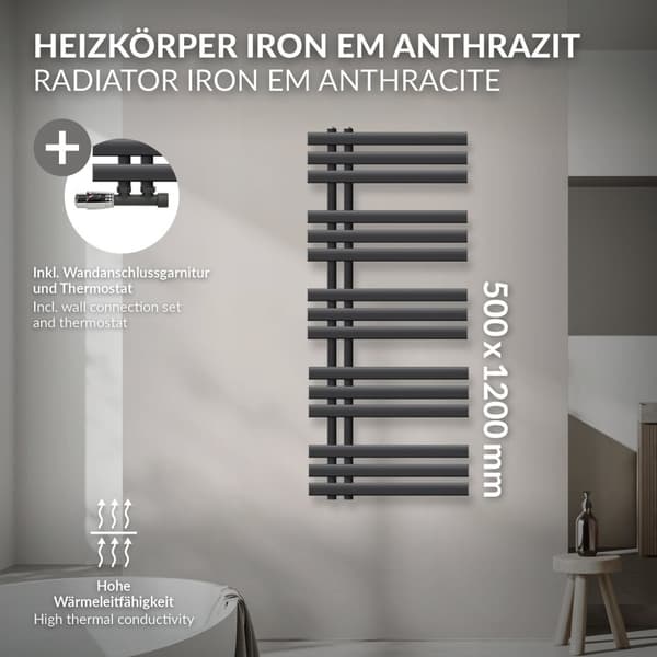 ECD Germany Suunnittelu Pyyhe Iron EM - 500 x 1200 mm - antrasiitti - jäähdyttimen pyyhkeenlämmitin Pyyhe Eck