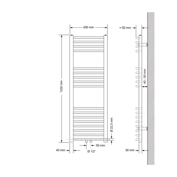 Pyyhe seinä Yhteysasetusryhmä sis. Termostaatti ECD Germany Malli Sahara 400 x 1200 mm valkoinen taivutettu keskipitkän yhteys pyyheteline