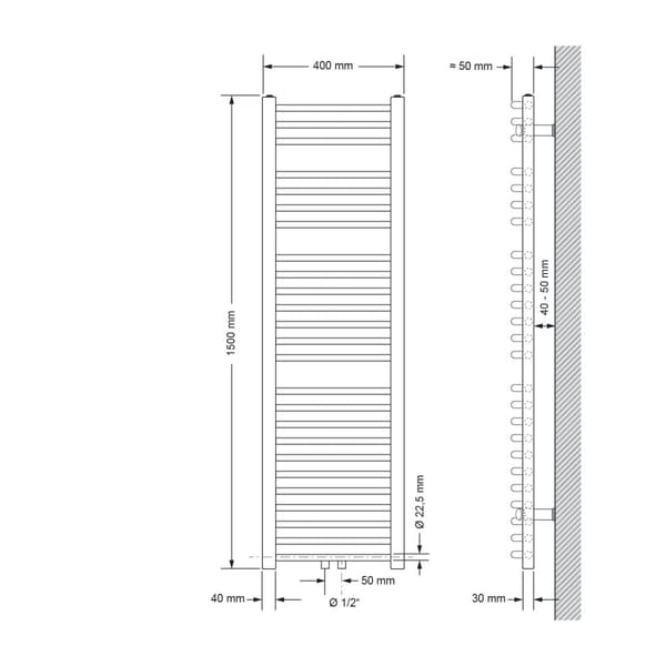 400x1500 mm radiator handdukstork medieanslutning Böjd Element Vit