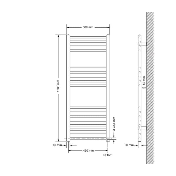 Handduks radiator med värmeelement 900 W ECD Germany Modell Sahara 500 x 1200 mm vit raka sidoanslutning handdukshängare