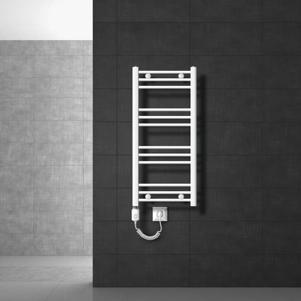 Håndklæderadiator med opvarmning element 600 W ECD Germany model Sahara 400 x 800 mm hvid bøjet side port håndklædeholder