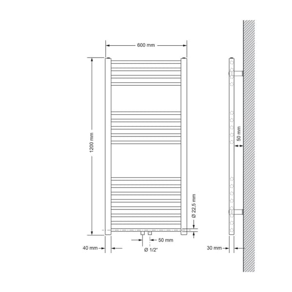 Jäähdyttimen Pyyhe ECD Germany Malli Sahara 600 x 1200 mm, kromi suora väliaineen yhteyden pyyheteline