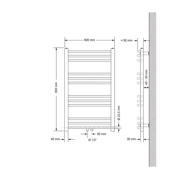 Pyyhe seinä Yhteysasetusryhmä sis. Termostaatti ECD Germany Malli Sahara 600 x 800 mm kromi taivutettu keskipitkän yhteys pyyheteline