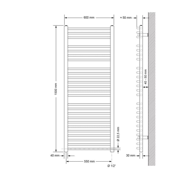 Radiator Handduk ECD Germany Modell Sahara 600 x 1500 mm antracit böjd med sidoanslutning handdukshängare