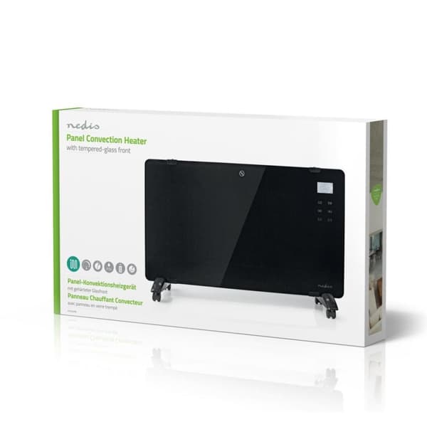 Nedis HTPL20FBK lasipaneeli konvektiolämmitin Termostaatti LCD-näyttö 2 lämpöasetusta Seiso / seinäasennus 2000 W musta