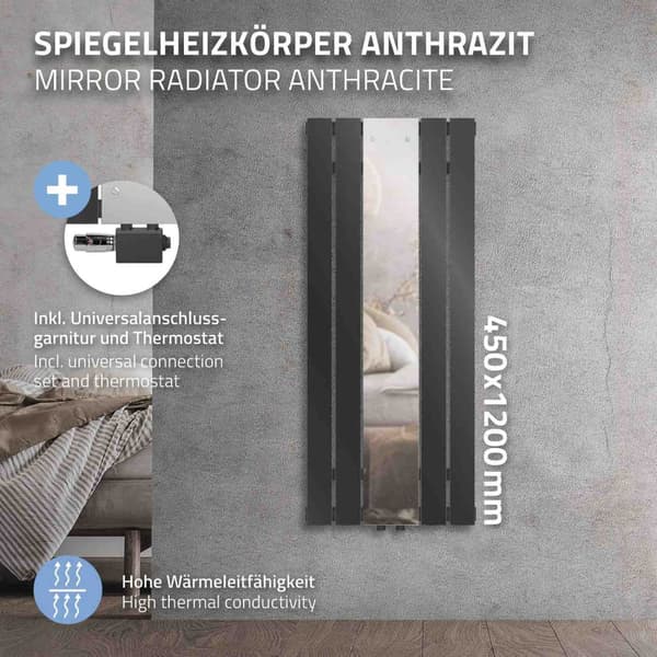 ML-Design Kylpyhuoneen lämmitin; tasainen keskiliitäntä 1200x450mm; antrasiitti & peililiitäntäventtiili; monikäyttöinen kulma- ja läpikulkumuoto;