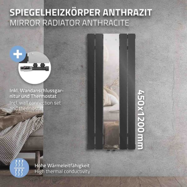 ML-Design Kylpyhuoneen lämmitin Tasainen keskiliitäntä 1200x450mm Antrasiitti peilillä ja seinäliitäntävarustuksella Kulmamuotoinen monilohkoinen