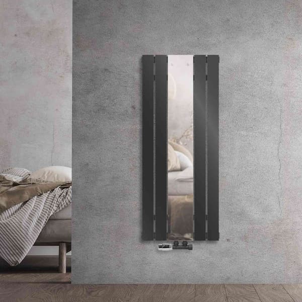 ML-Design Badvarmer Flad Midtertilslutning 1200x450mm Antracit med spejl og vægtilslutningssæt Hjørneformet Multiblock Termostat Design Panelvarmer