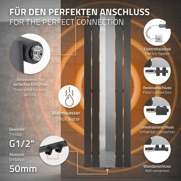 ML-Design Badeværelsesradiator Flad 1600x450 mm Antracit med spejl; Design Panelradiator med midtertilslutning; Flad radiator Vertikal Enkeltlag;