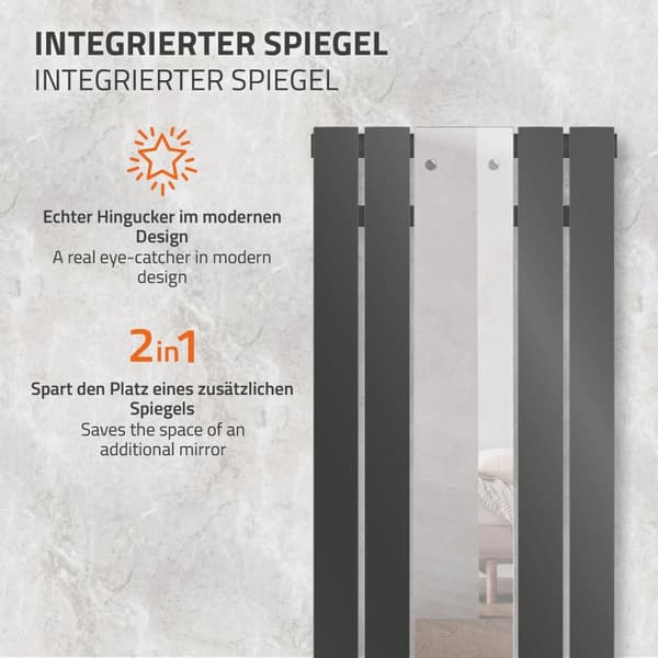 ML-Design Badeværelsesradiator Flad 1600x450 mm Antracit med spejl; Design Panelradiator med midtertilslutning; Flad radiator Vertikal Enkeltlag;