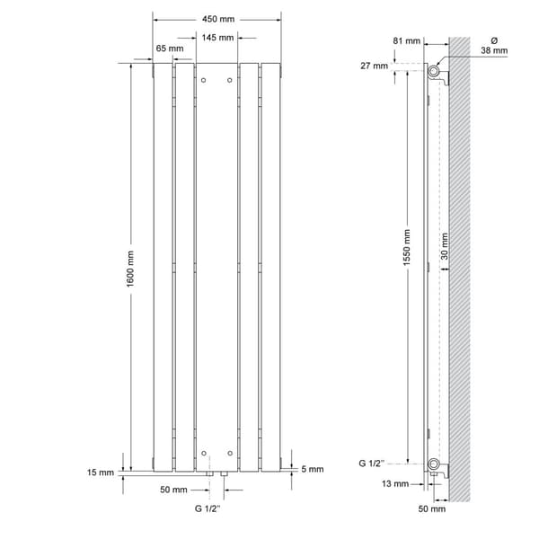 ML-Design Badeværelsesradiator Flad 1600x450 mm Antracit med spejl; Design Panelradiator med midtertilslutning; Flad radiator Vertikal Enkeltlag;